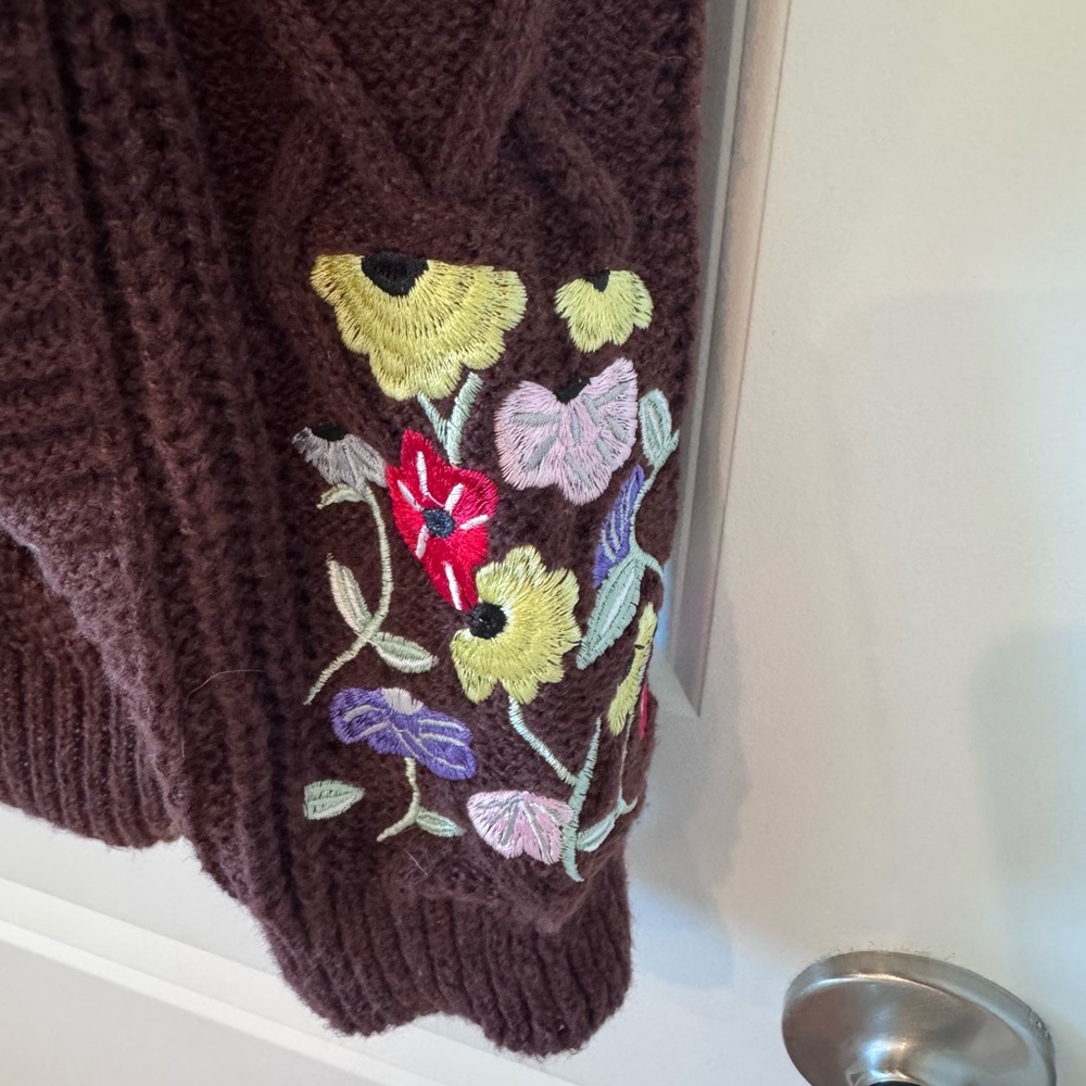 Taylor Swift Eras Tour Brown Cable Knit Cardigan with Floral Sleeve Embroidery - Picture 4 of 5